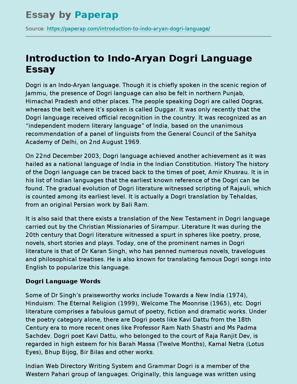 Introduction to Indo-Aryan Dogri Language