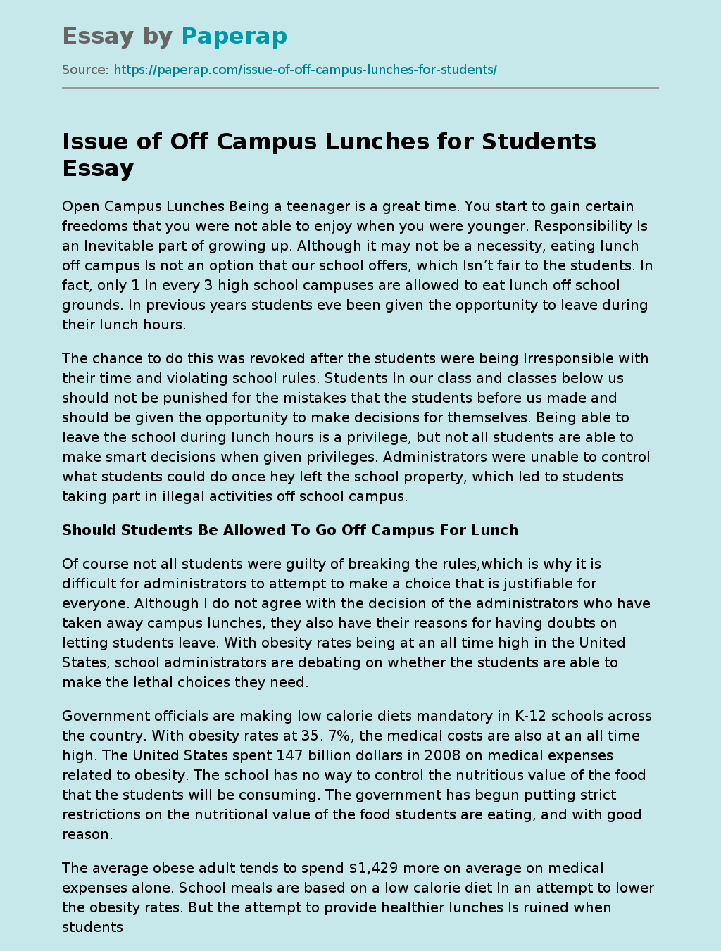 essay on changing school lunches