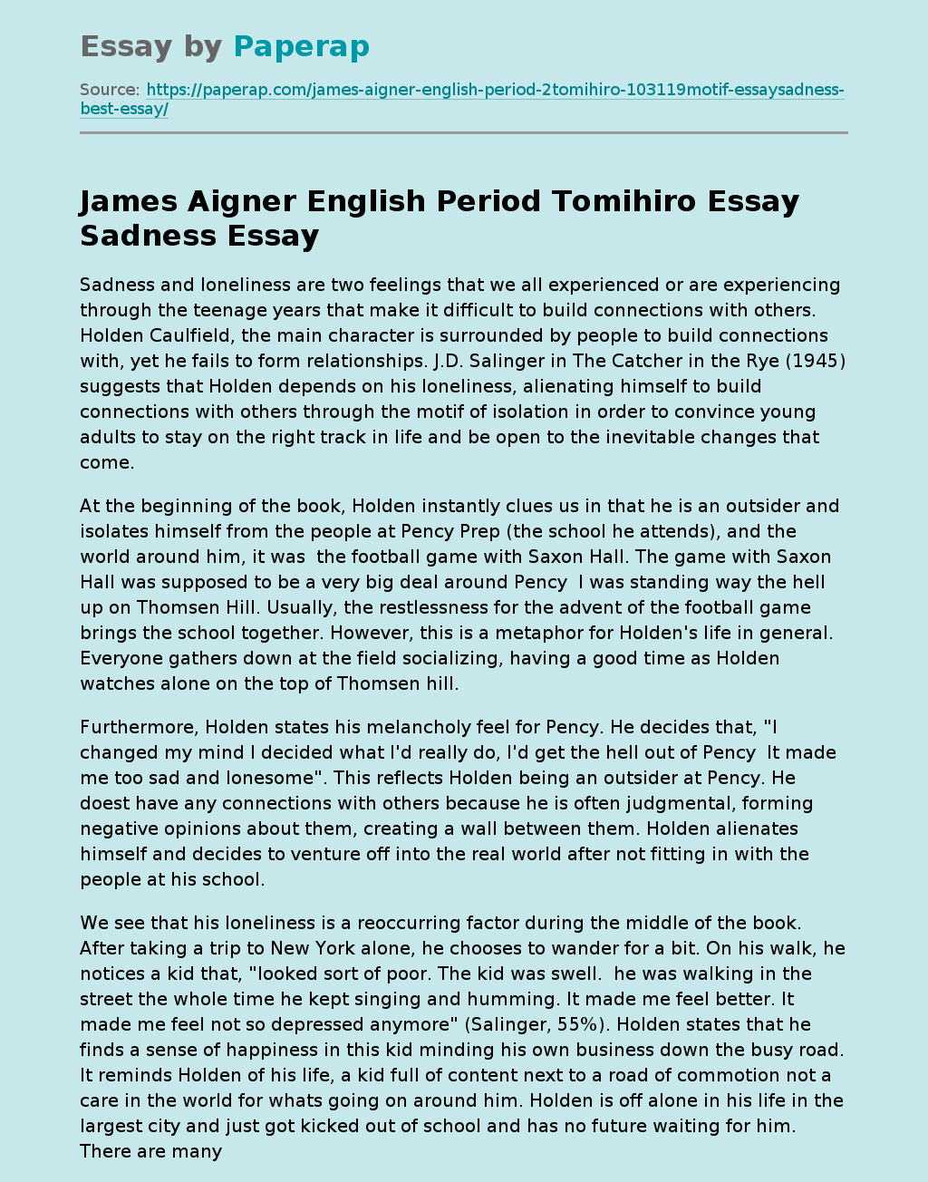James Aigner English Period Tomihiro  Essay Sadness