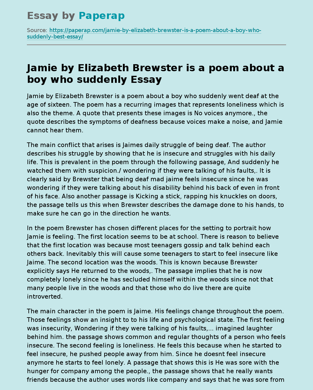 Jamie by Elizabeth Brewster is a poem about a boy who suddenly