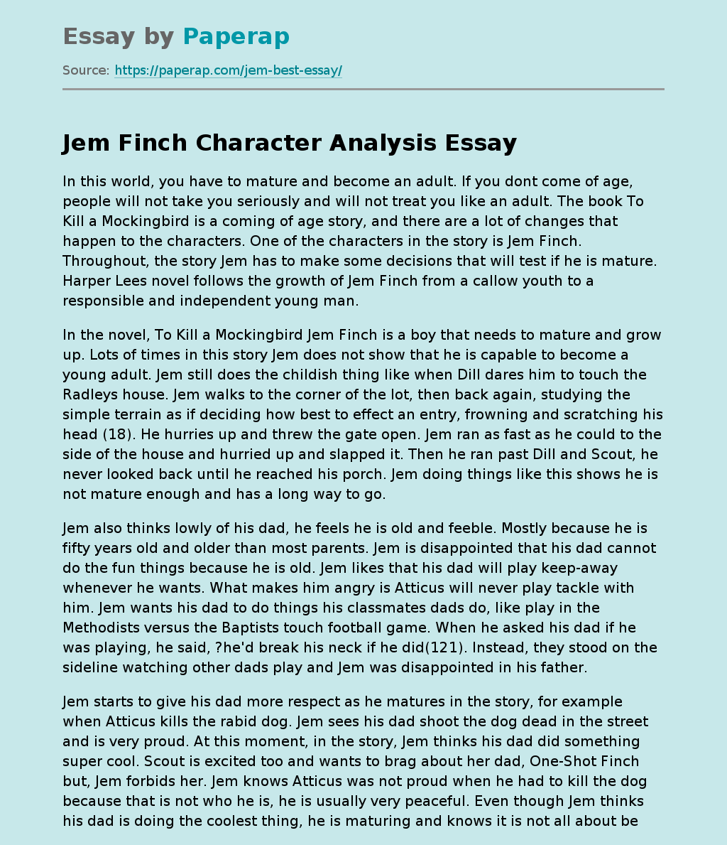 Jem Finch Character Analysis "To Kill a Mockingbird"