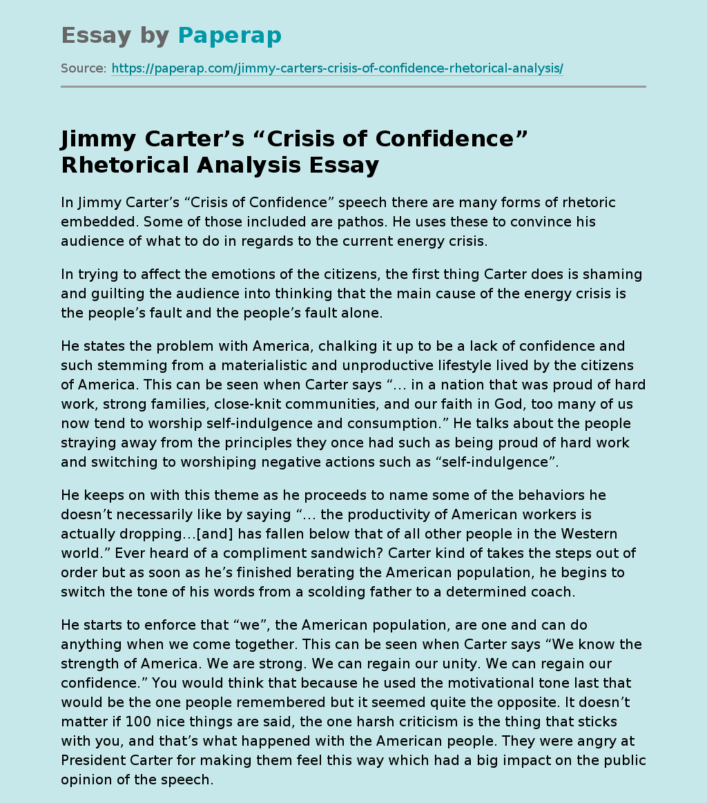 Jimmy Carter’s “Crisis of Confidence” Rhetorical Analysis