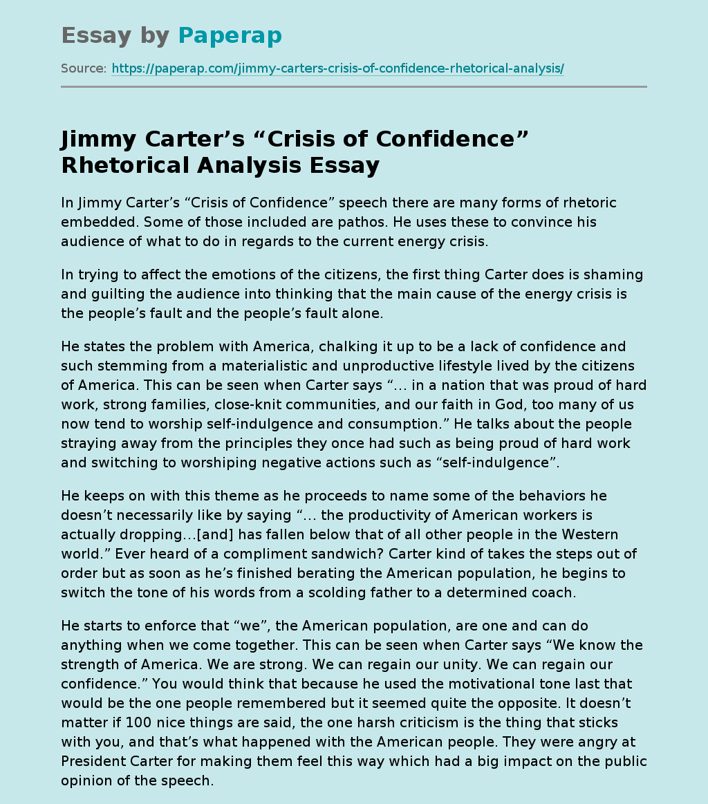 Jimmy Carter s Crisis Of Confidence Rhetorical Analysis Free Essay 