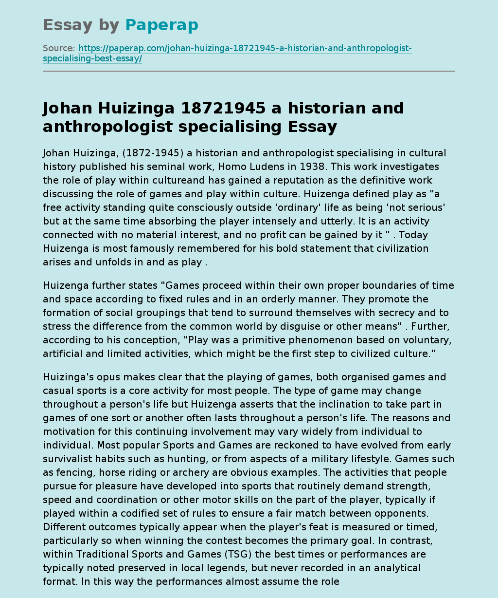 Johan Huizinga Essay