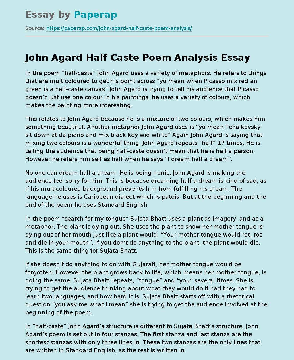 John Agard Half Caste Poem Analysis
