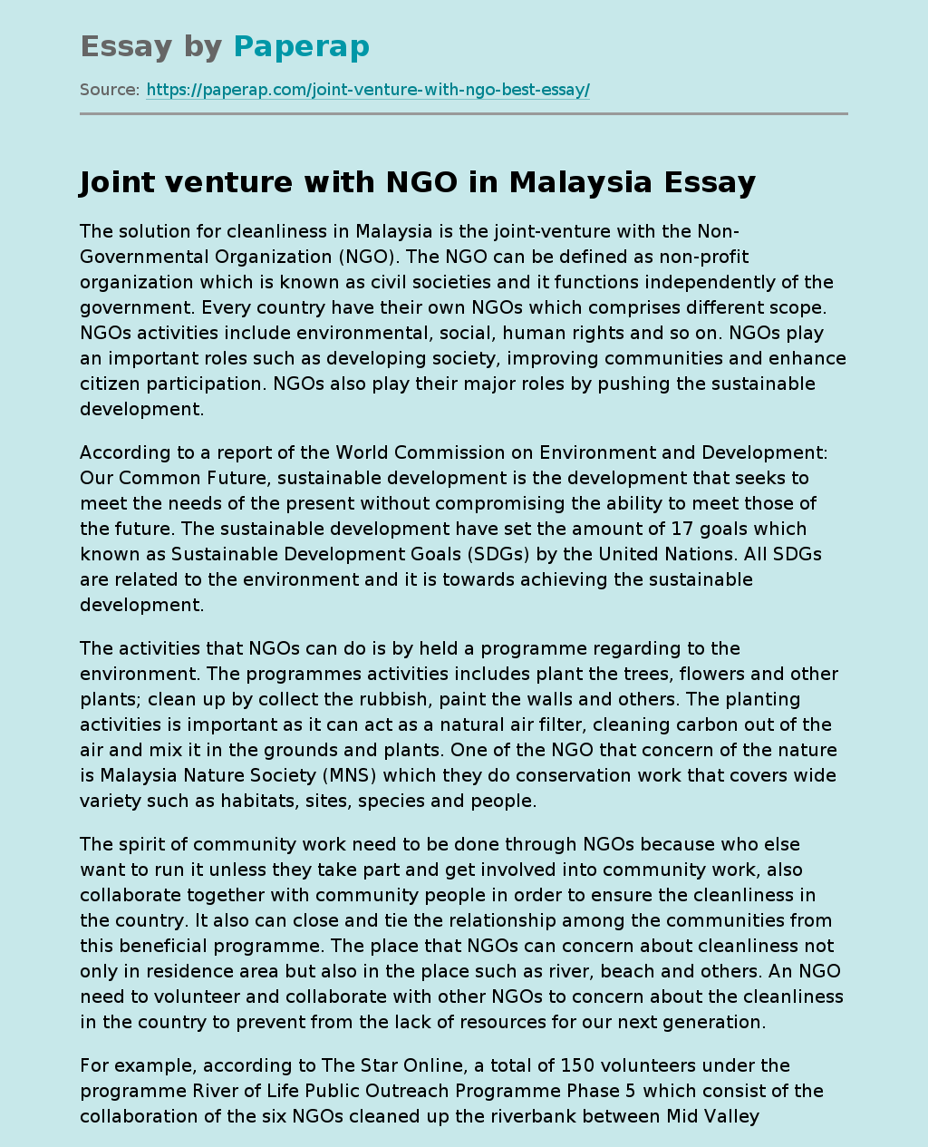 Joint venture with NGO in Malaysia