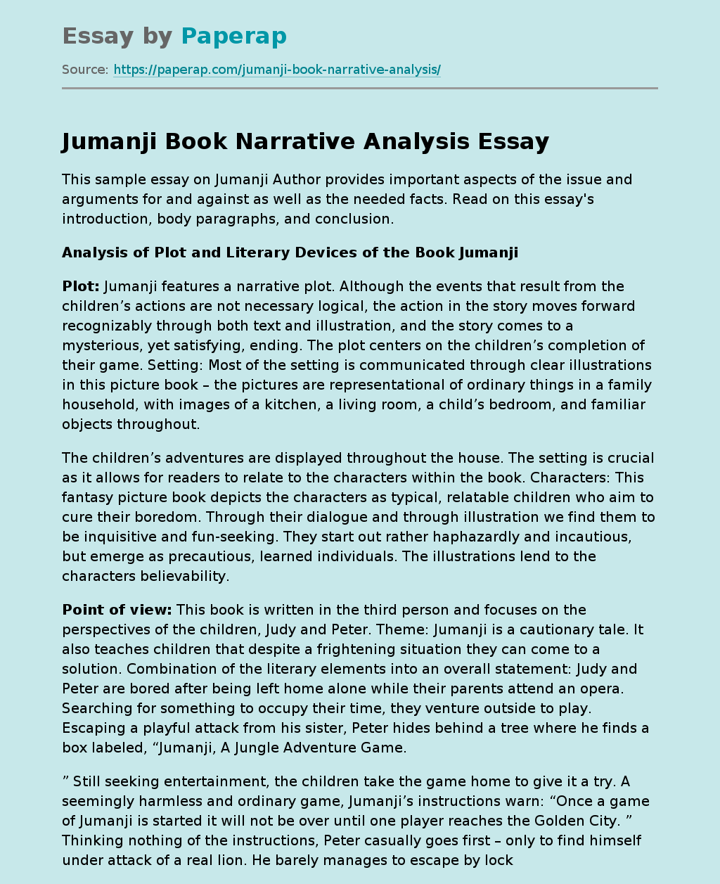 Jumanji Book Narrative Analysis