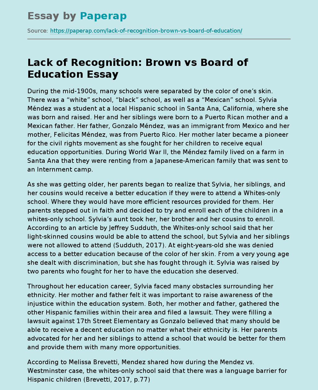Lack of Recognition: Brown vs Board of Education