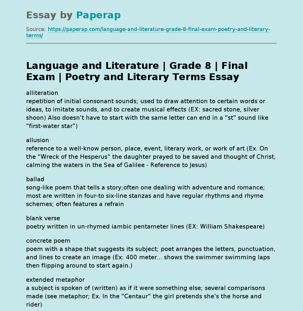 Language and Literature | Grade 8 | Final Exam | Poetry and Literary Terms