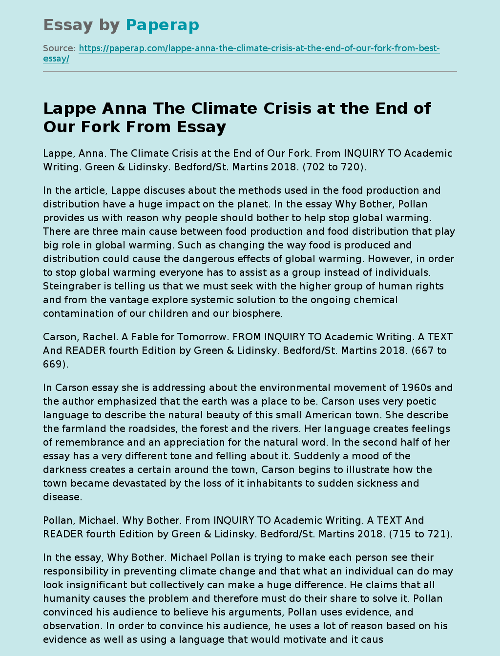 Lappe Anna The Climate Crisis at the End of Our Fork From