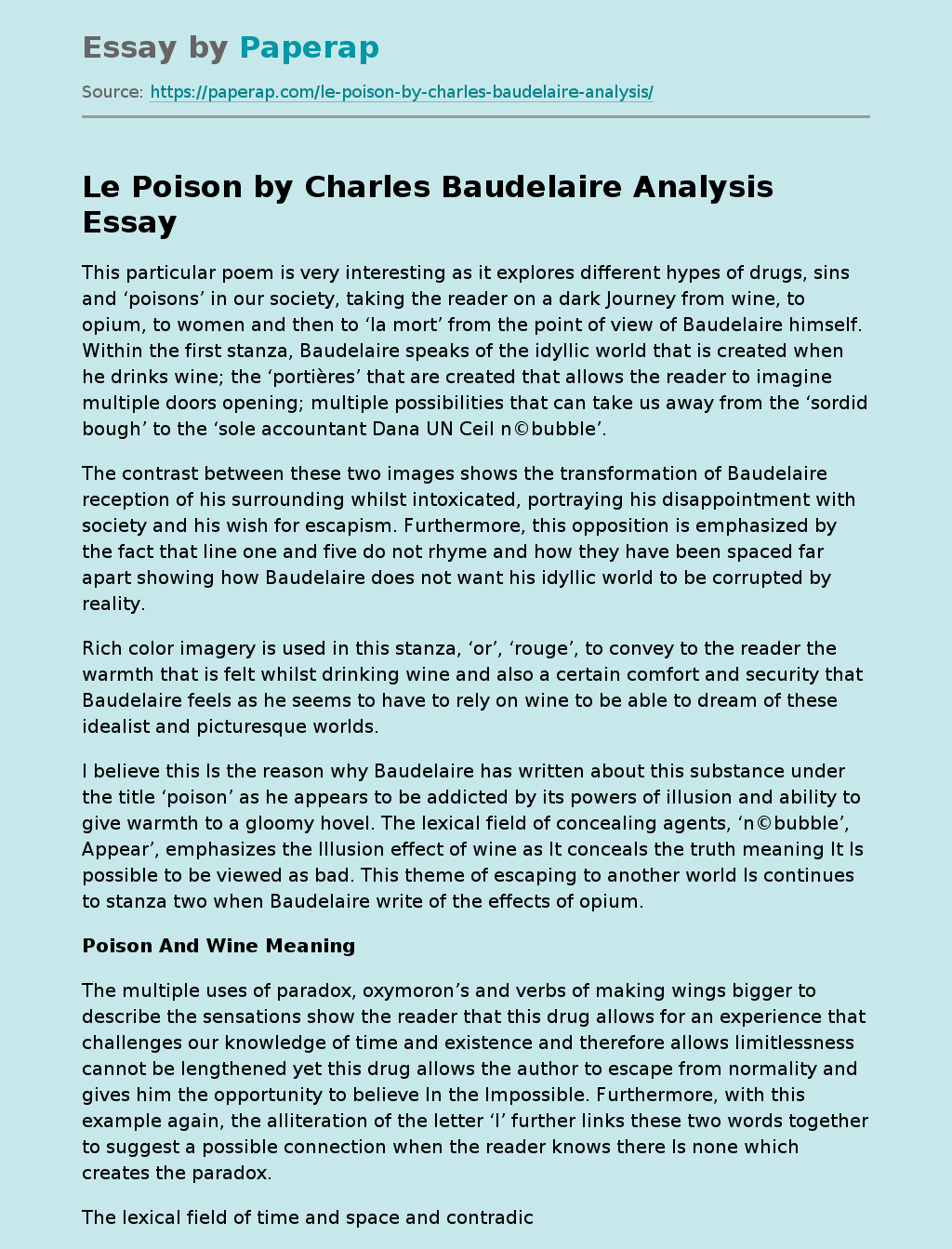 Le Poison by Charles Baudelaire Analysis