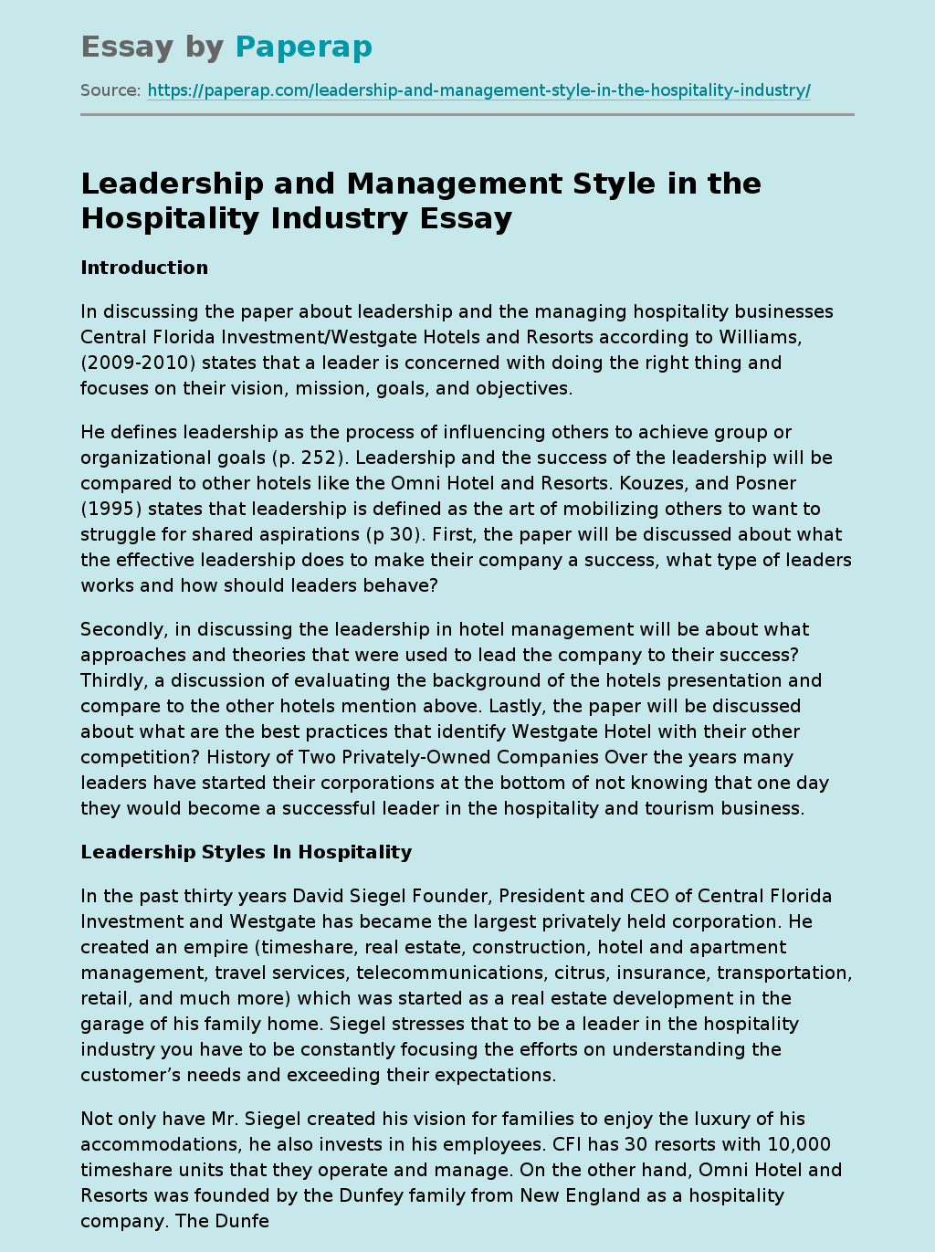 Leadership and Management Style in the Hospitality Industry