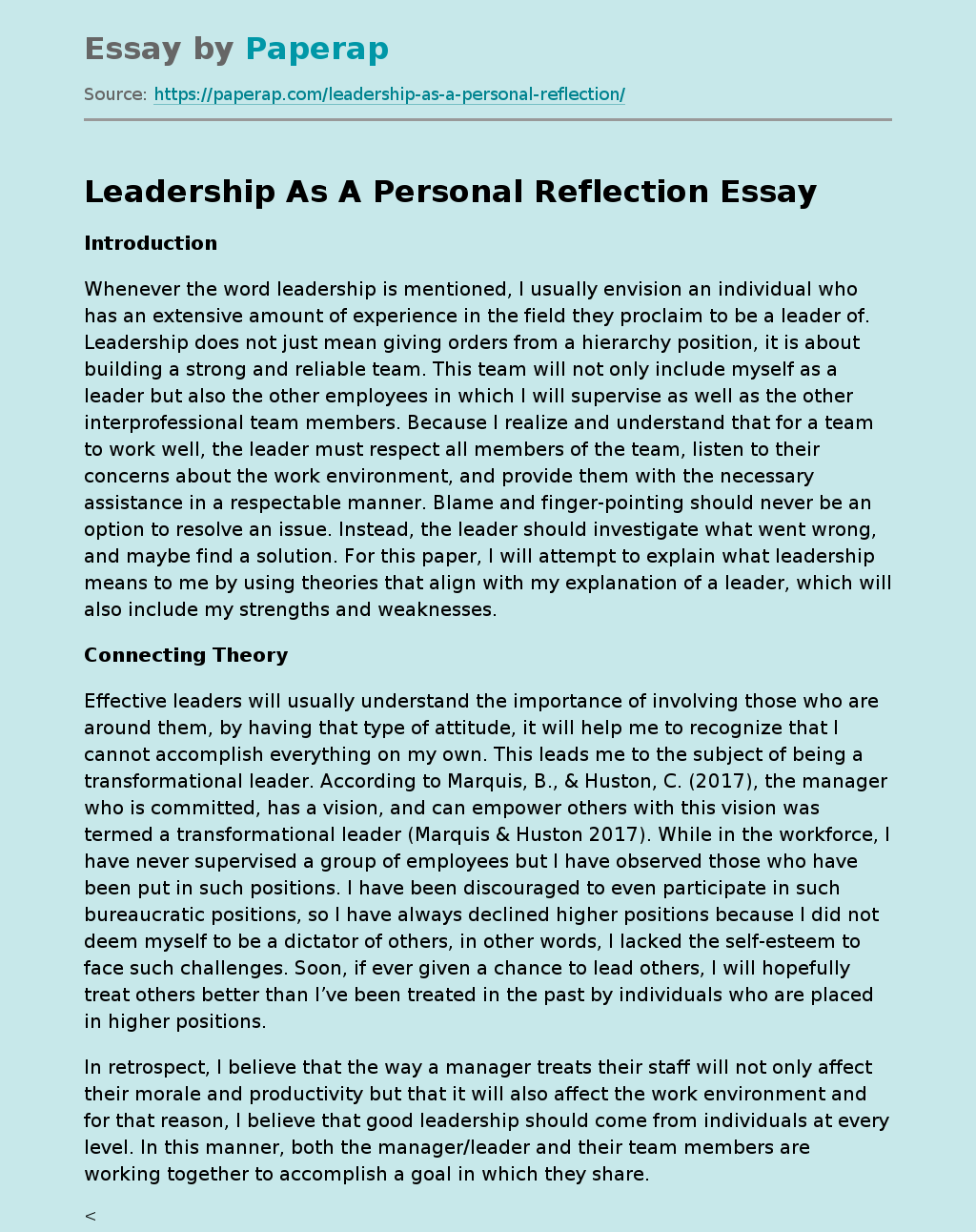 sample essay on leadership and management