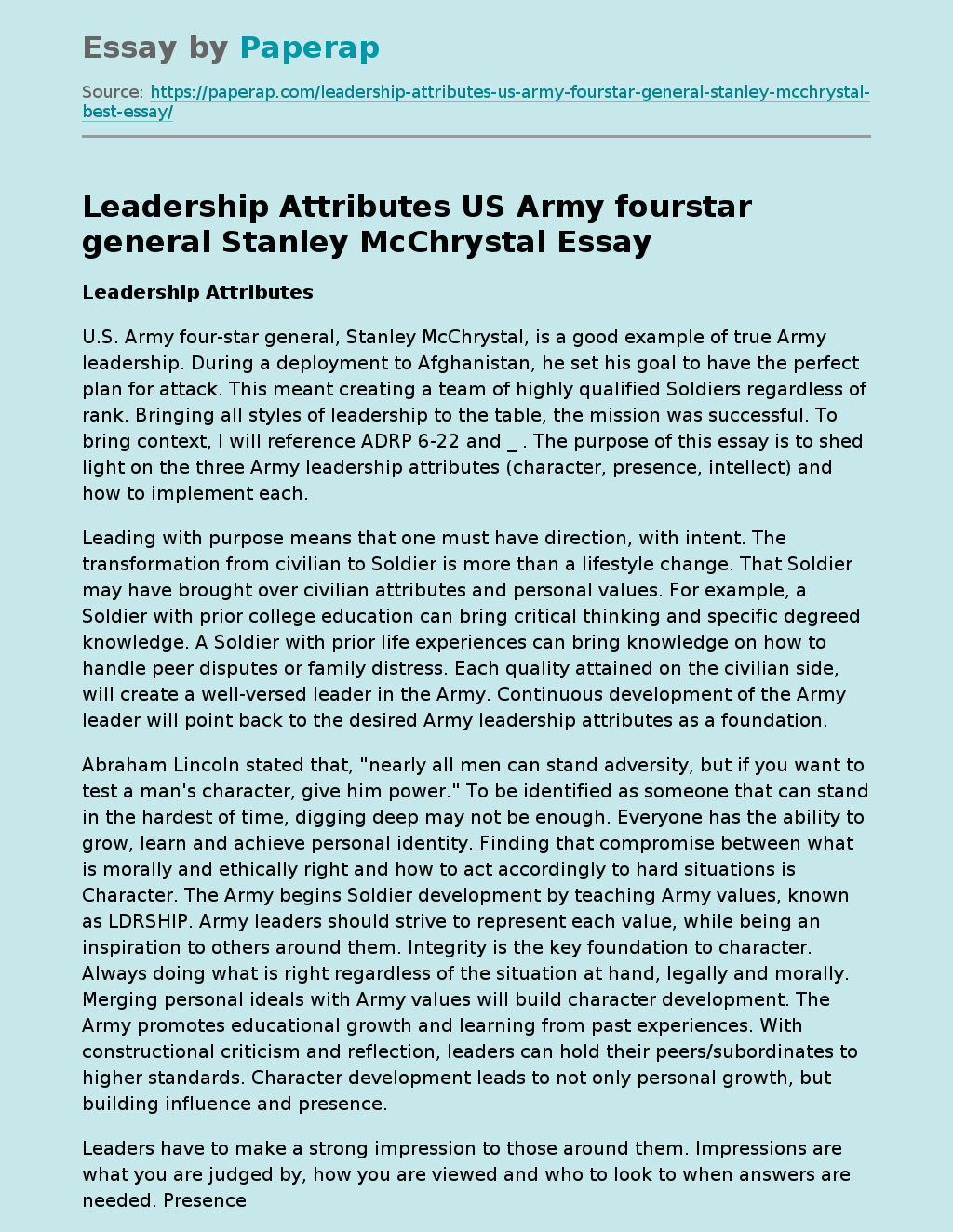 Leadership Attributes  US Army fourstar general Stanley McChrystal