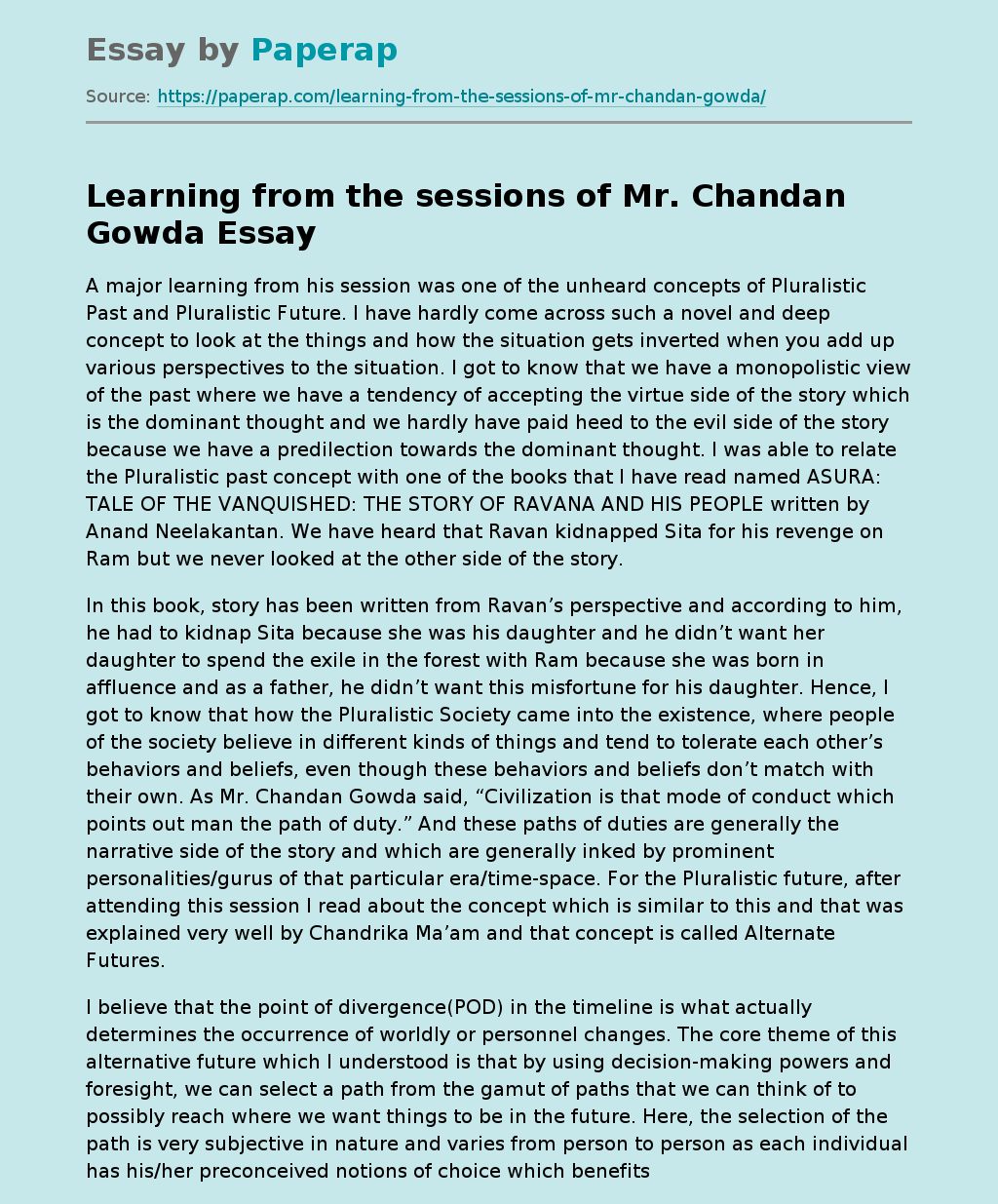 Learning from the sessions of Mr. Chandan Gowda