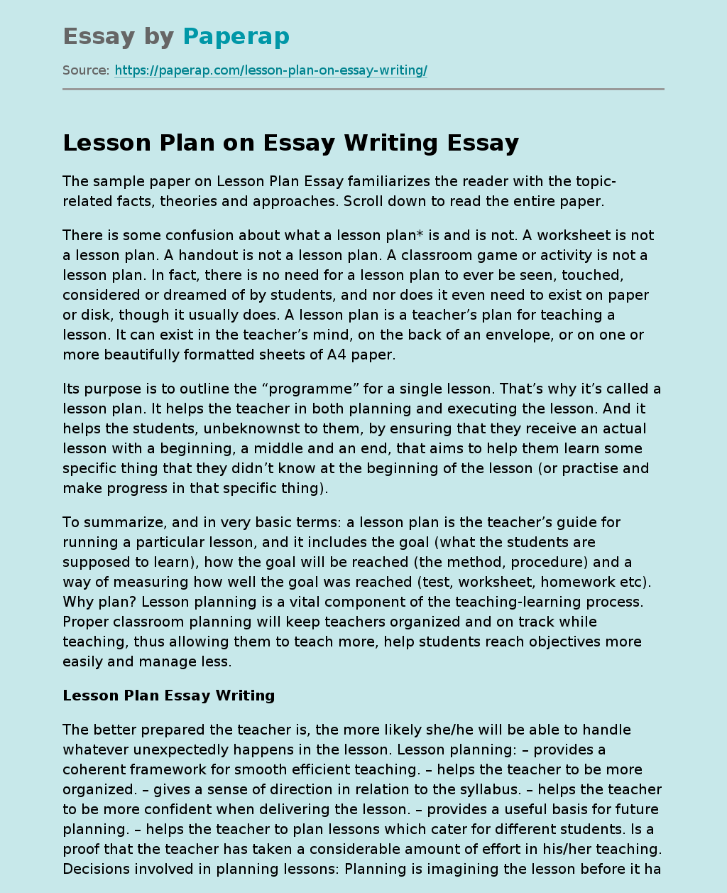 Lesson Plan on Essay Writing