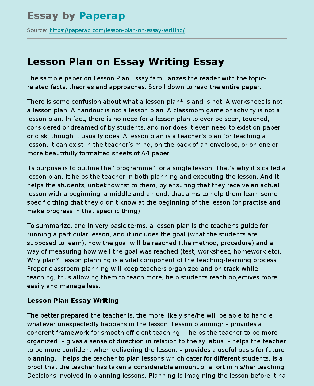 Lesson Plan On Writing Essay Sample