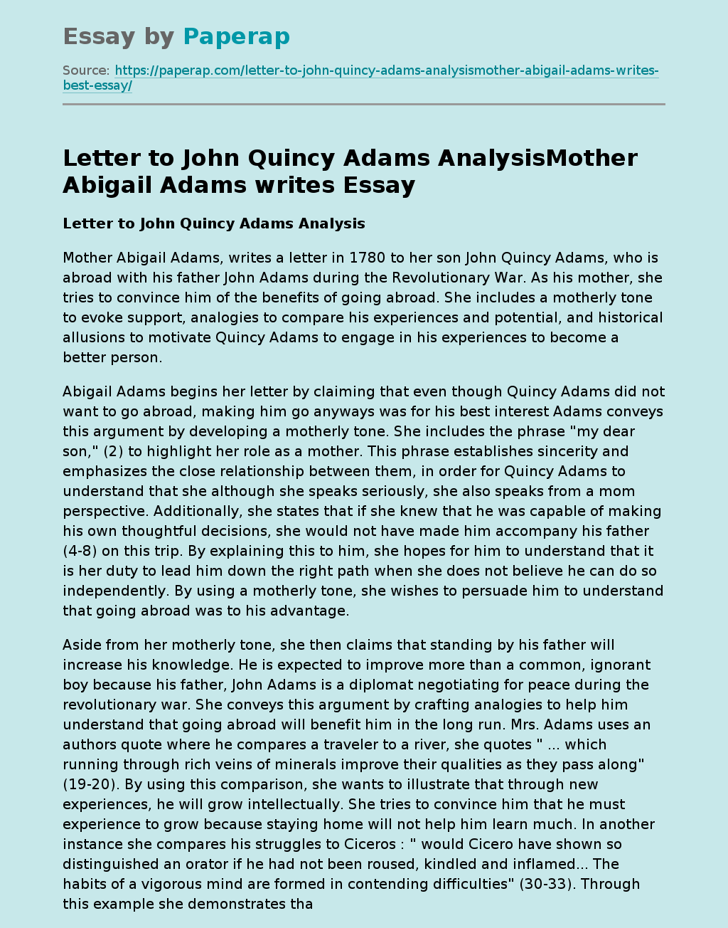 Letter to John Quincy Adams AnalysisMother Abigail Adams writes