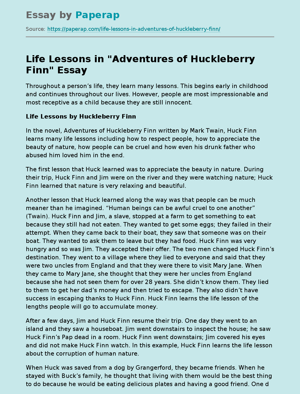 Life Lessons in "Adventures of Huckleberry Finn"