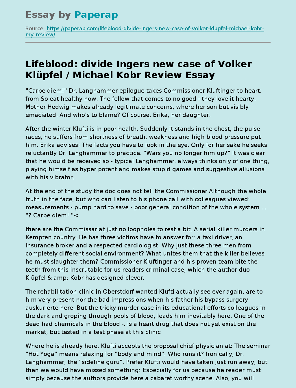 Lifeblood: divide Ingers new case of Volker Klüpfel / Michael Kobr Review