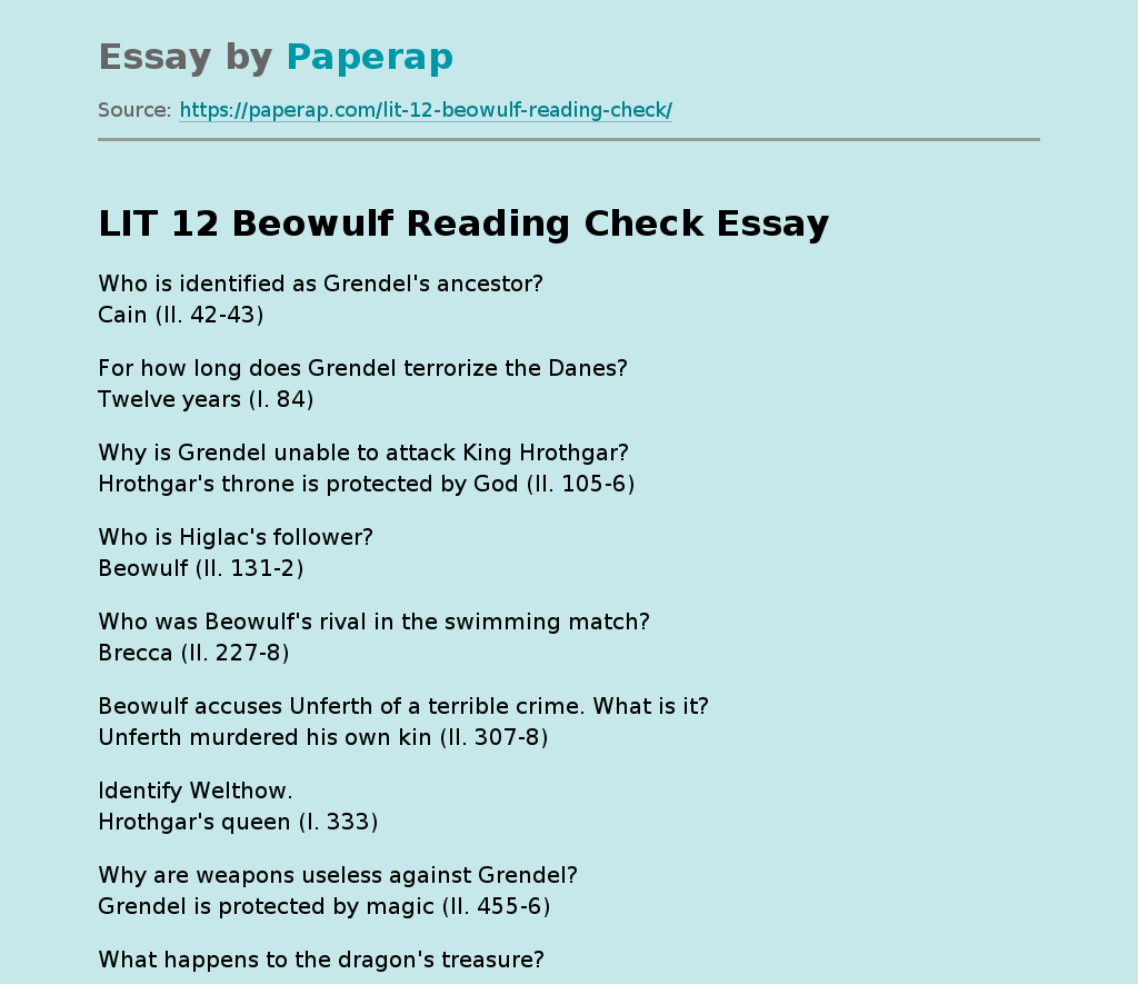 LIT 12 Beowulf Reading Check