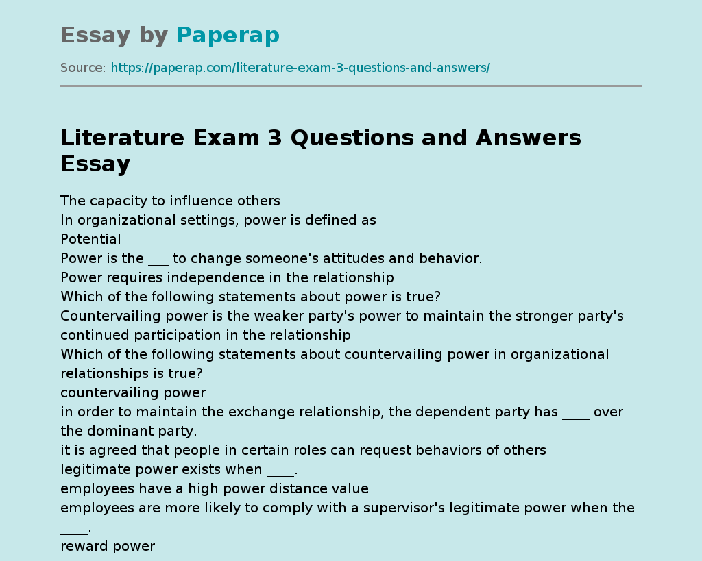 Literature Exam 3 Questions and Answers