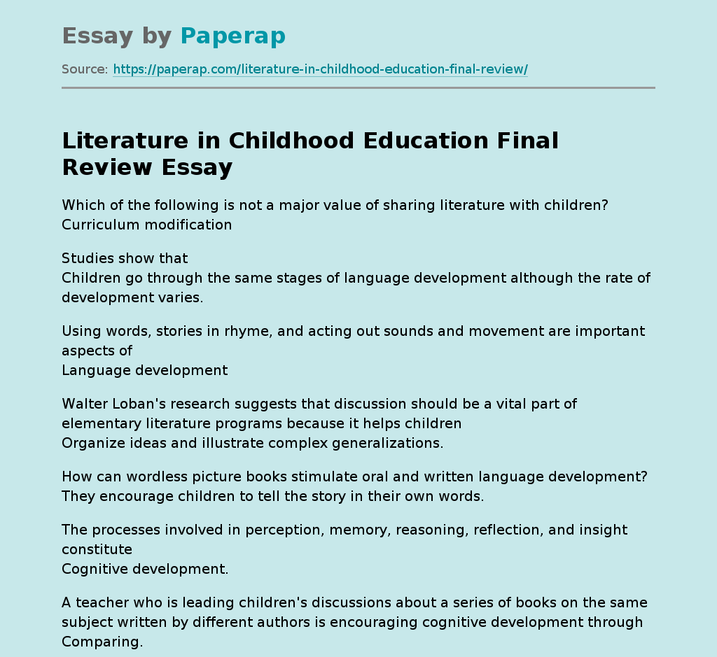 Literature in Childhood Education Final Review