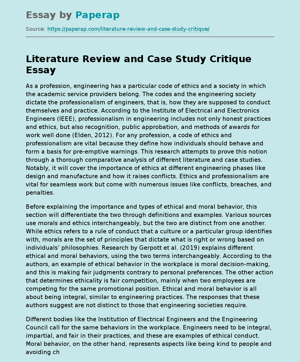 Literature Review and Case Study Critique