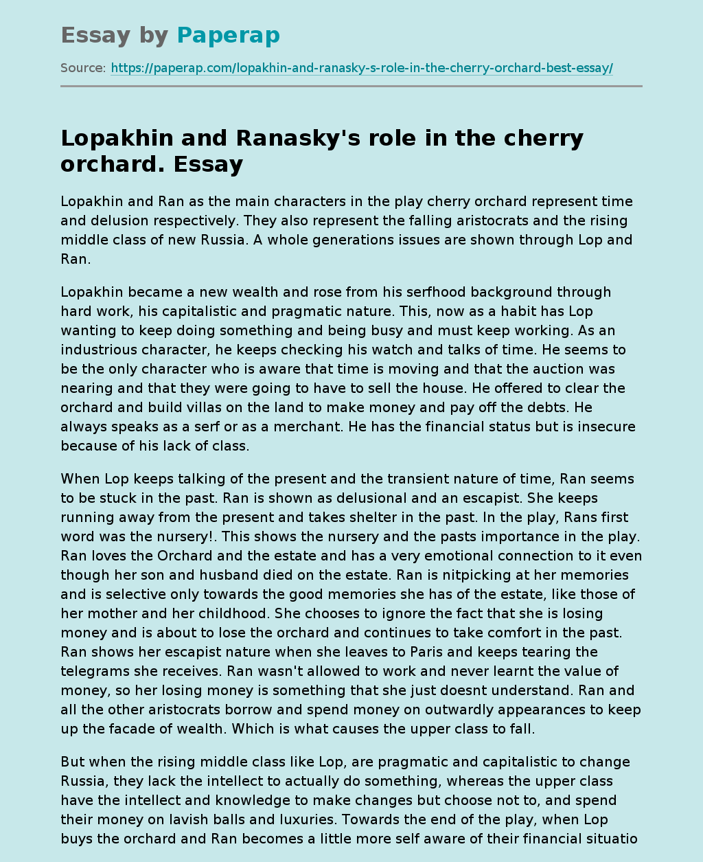 Lopakhin and Ranasky's role in the cherry orchard.