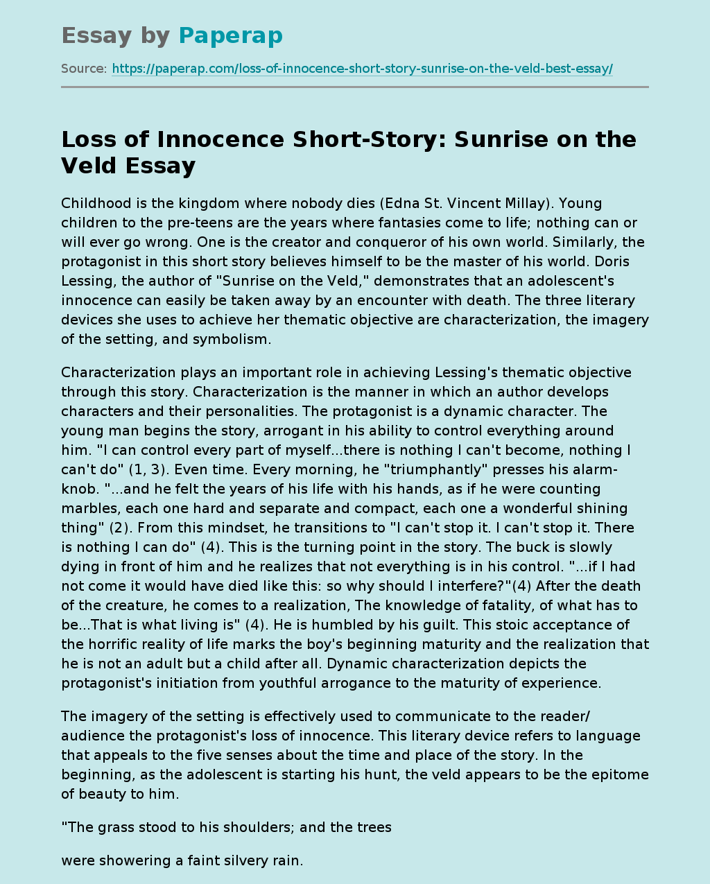 Loss of Innocence Short-Story: Sunrise on the Veld