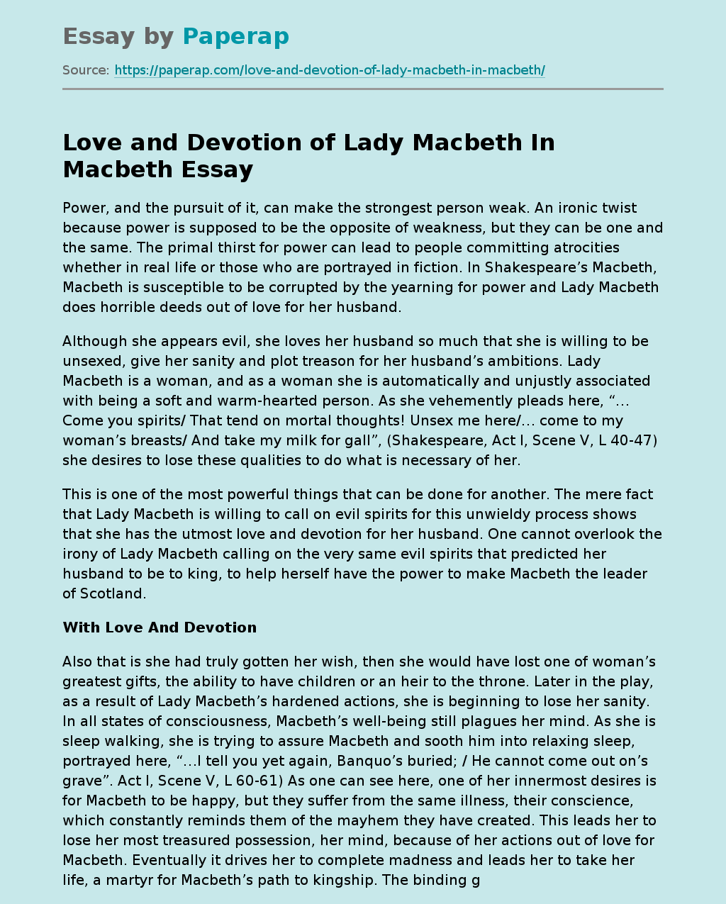 Love and Devotion of Lady Macbeth In Macbeth