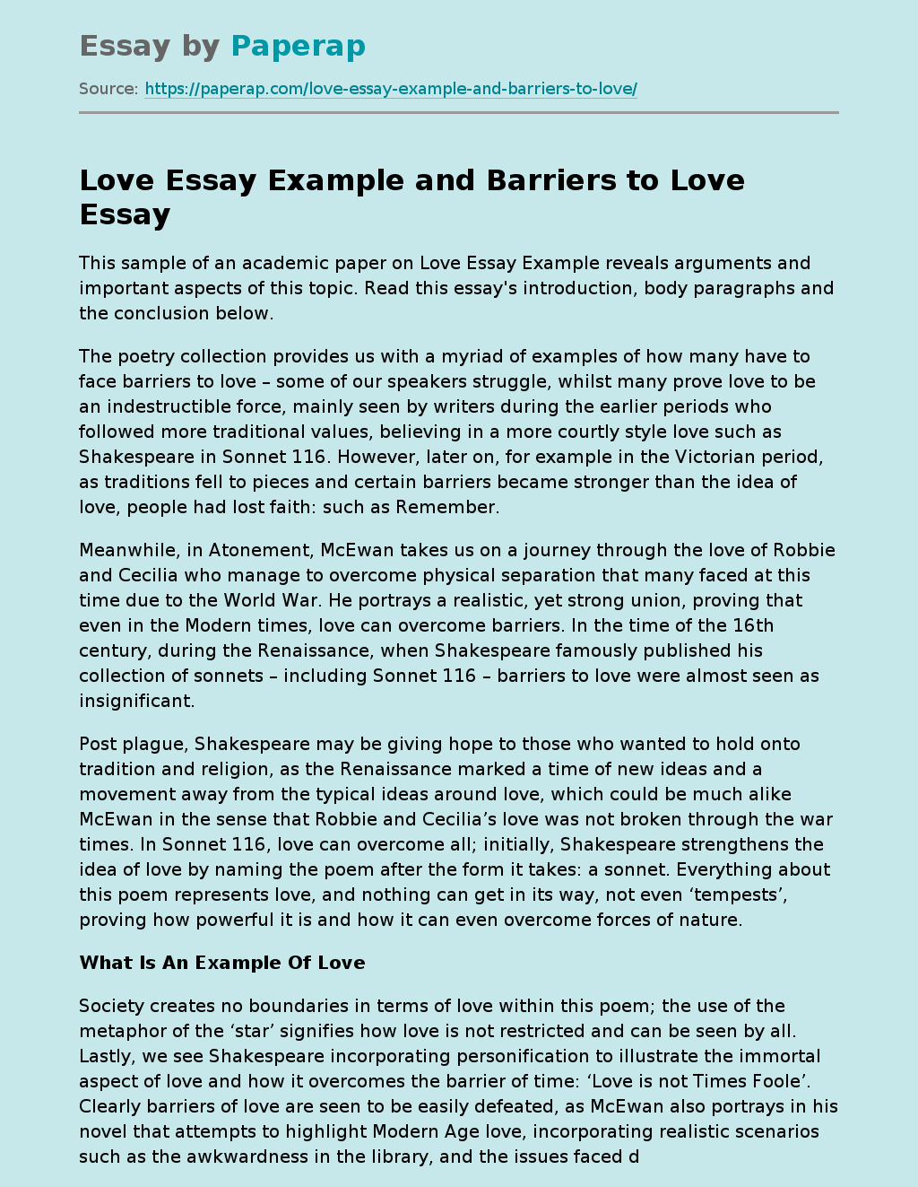 Love Example and Barriers to Love