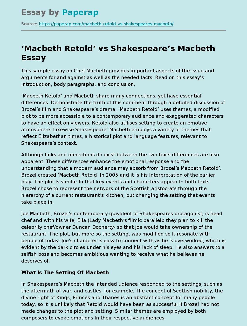 ‘Macbeth Retold’ vs Shakespeare’s Macbeth
