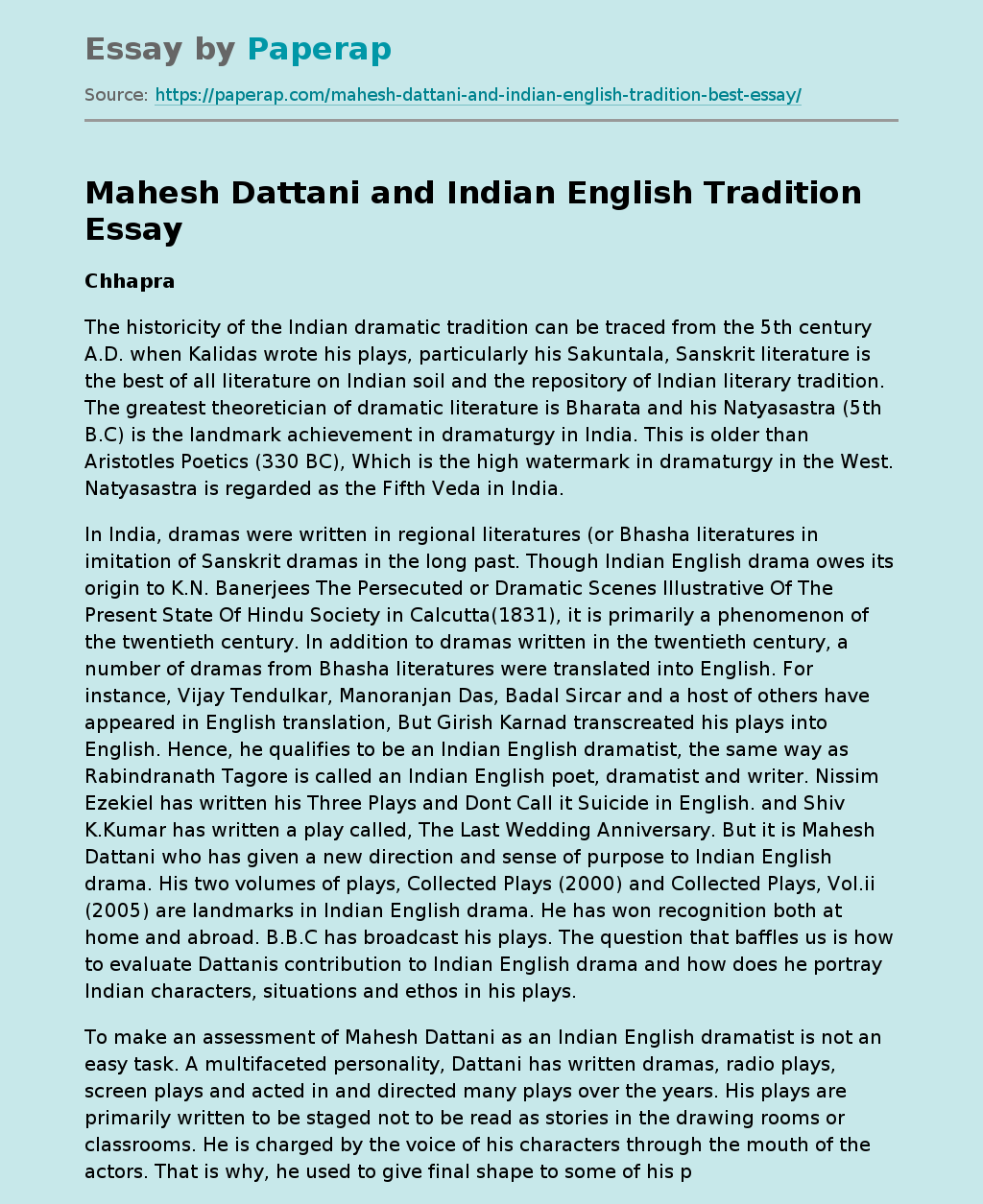 Mahesh Dattani and Indian English Tradition