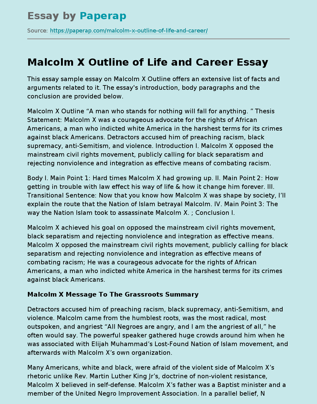 Malcolm X Outline of Life and Career