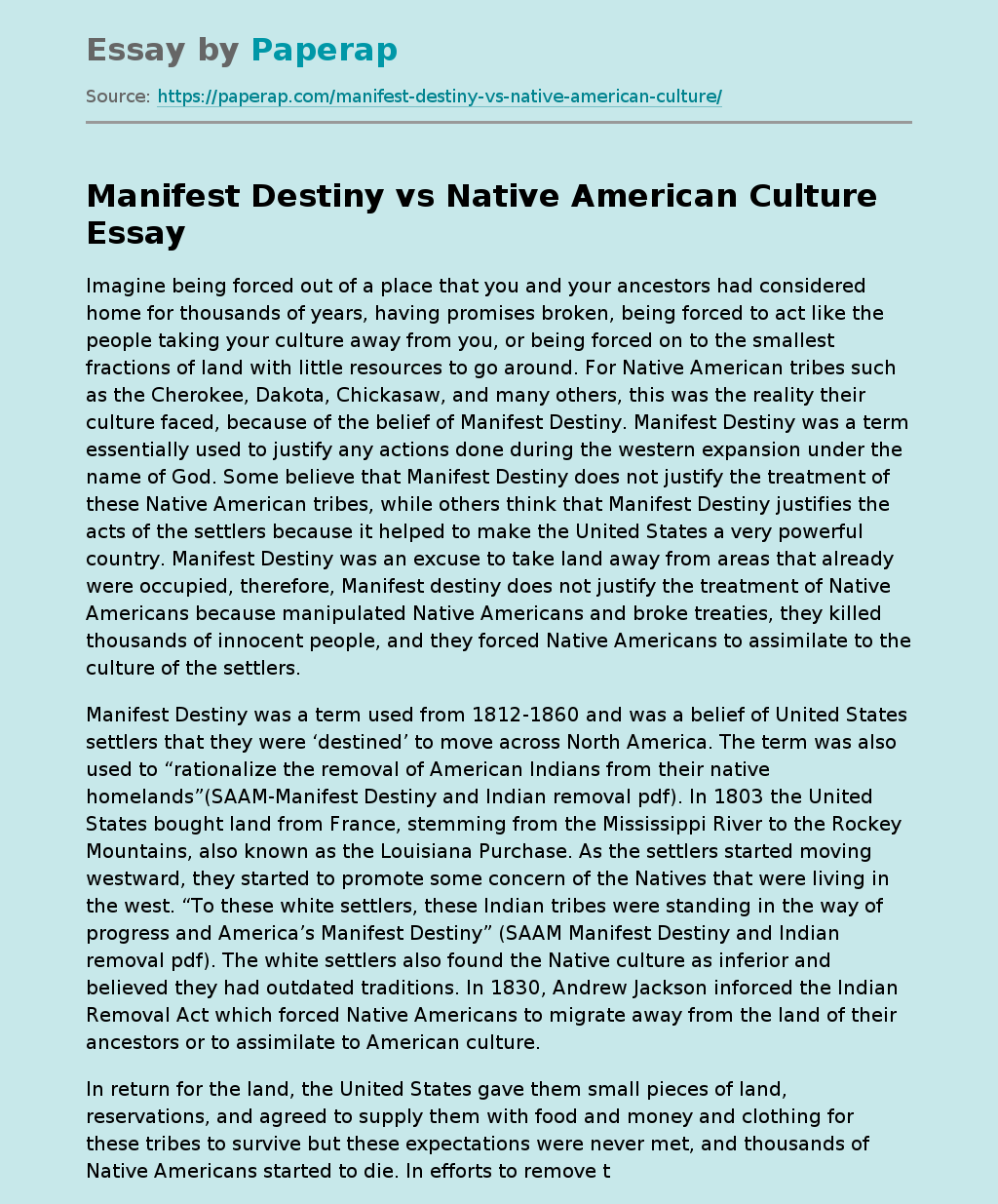 Manifest Destiny vs Native American Culture