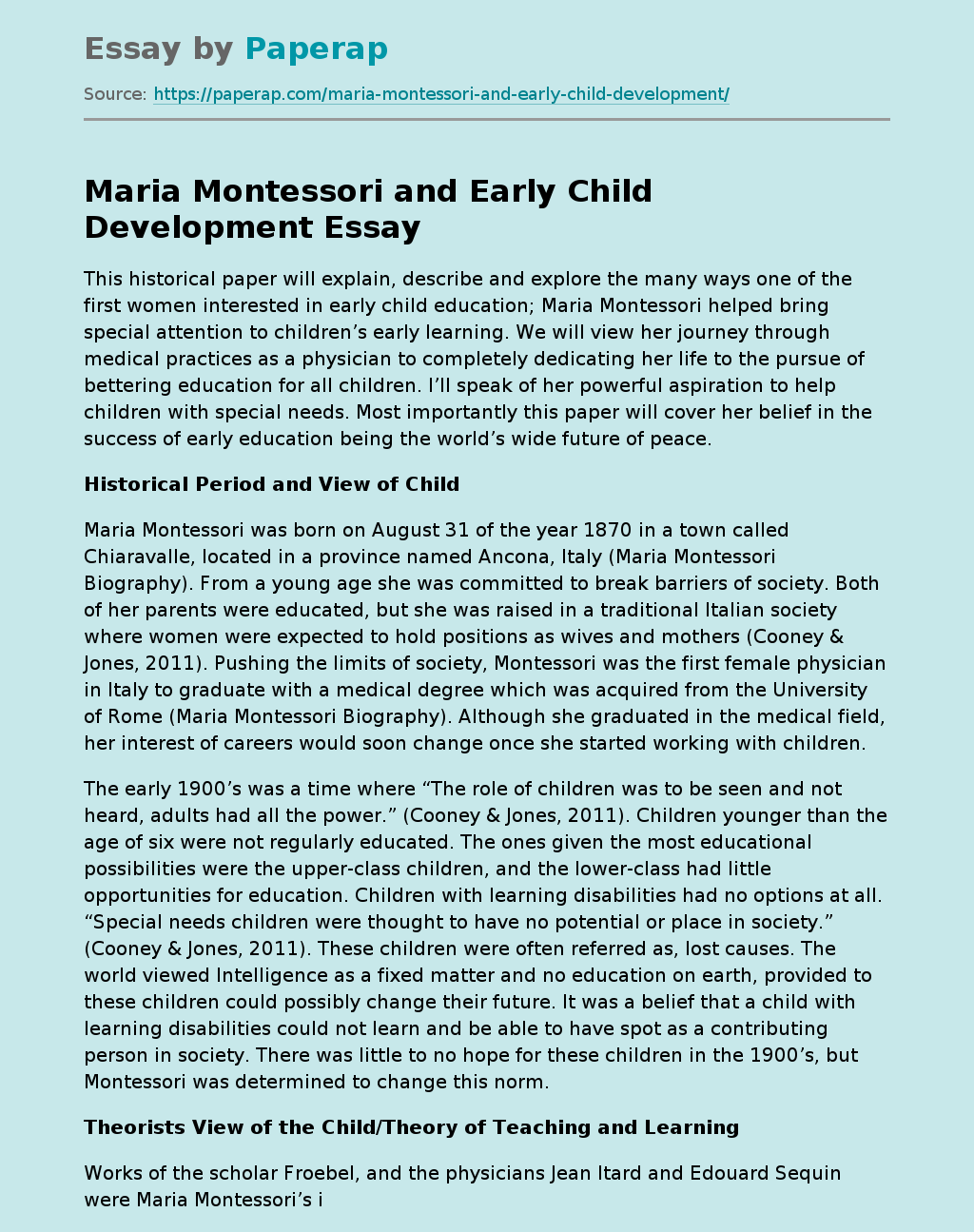 Maria Montessori and Early Child Development