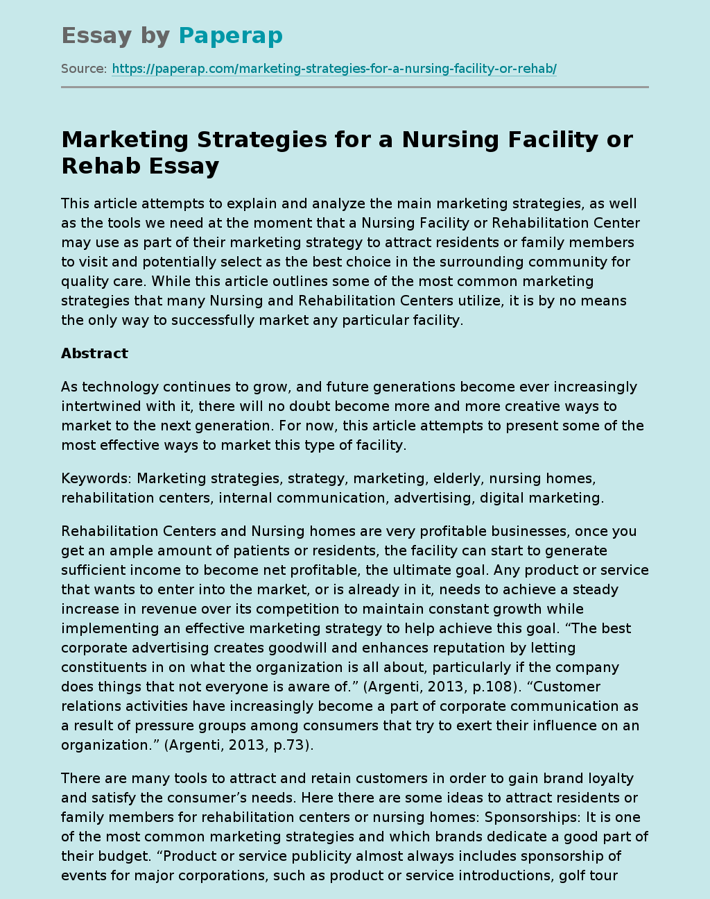 Marketing Strategies for a Nursing Facility or Rehab