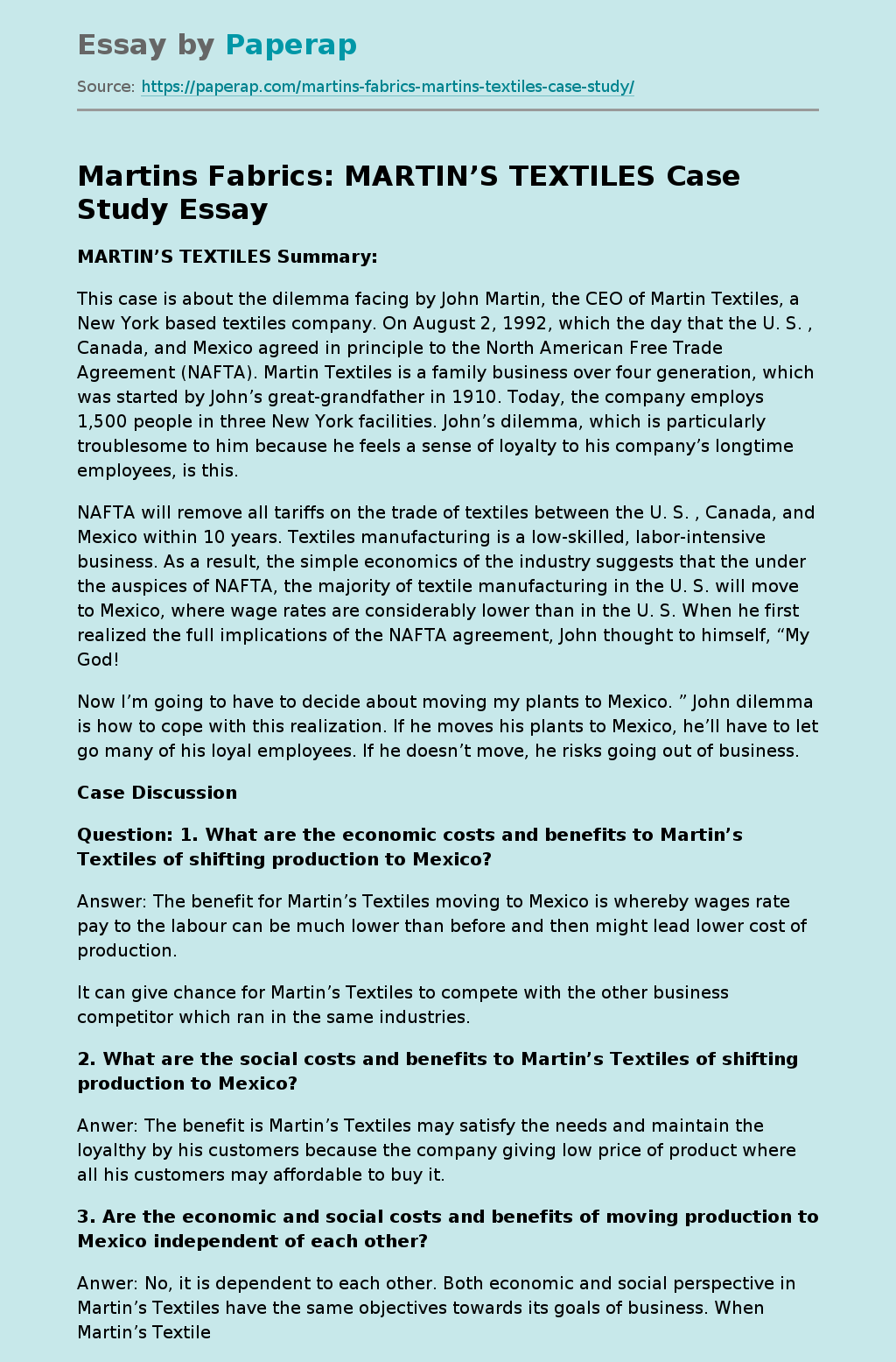 Martins Fabrics: MARTIN’S TEXTILES Case Study