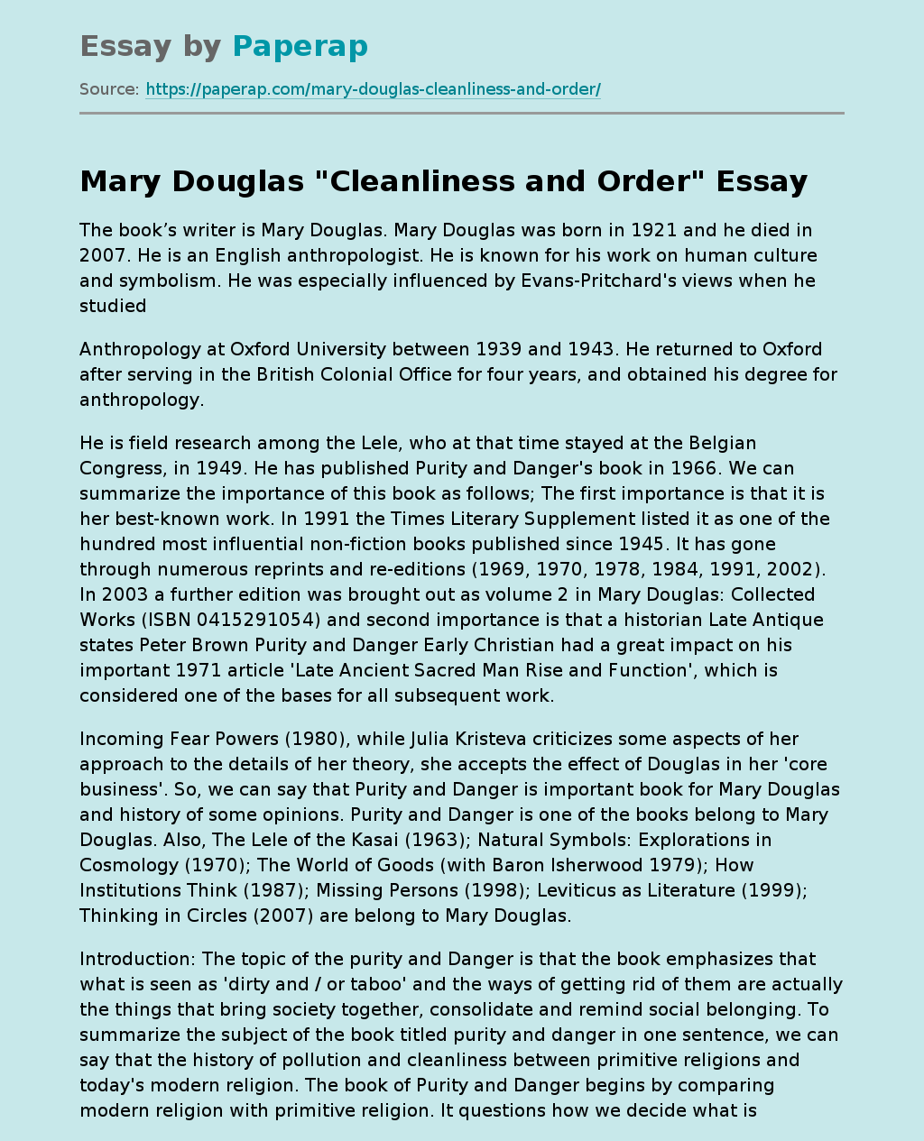 Mary Douglas "Cleanliness and Order"