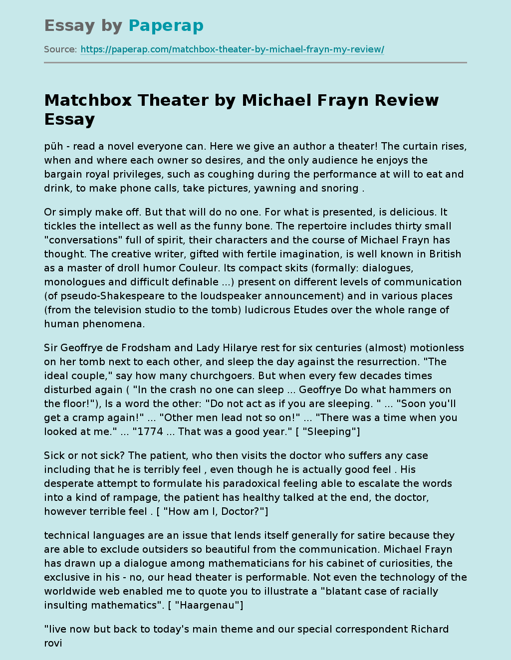 Matchbox Theater by Michael Frayn Review