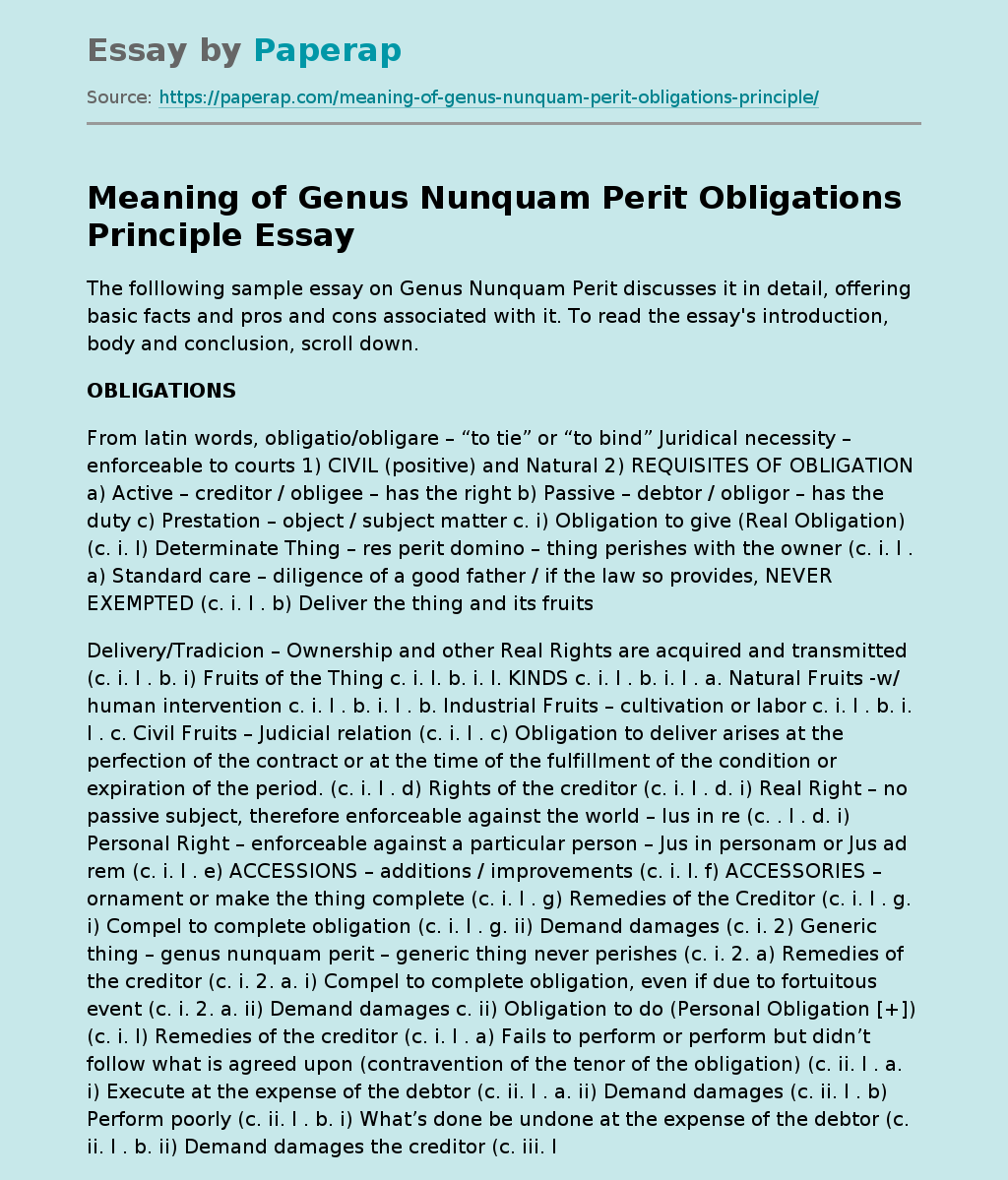 Meaning of Genus Nunquam Perit Obligations Principle
