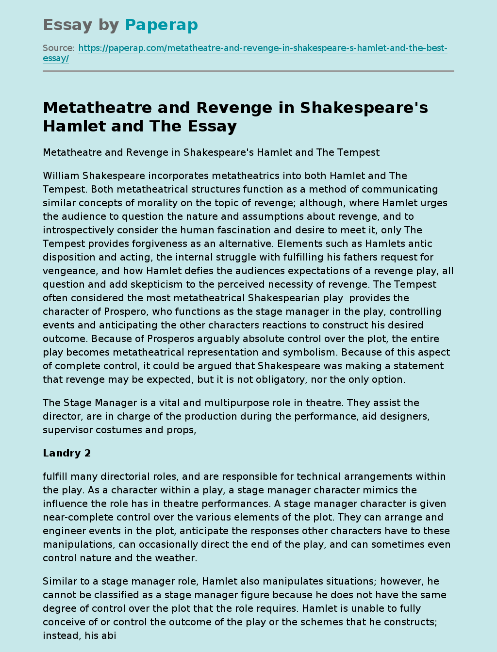 Metatheatre and Revenge in Shakespeare's Hamlet and The