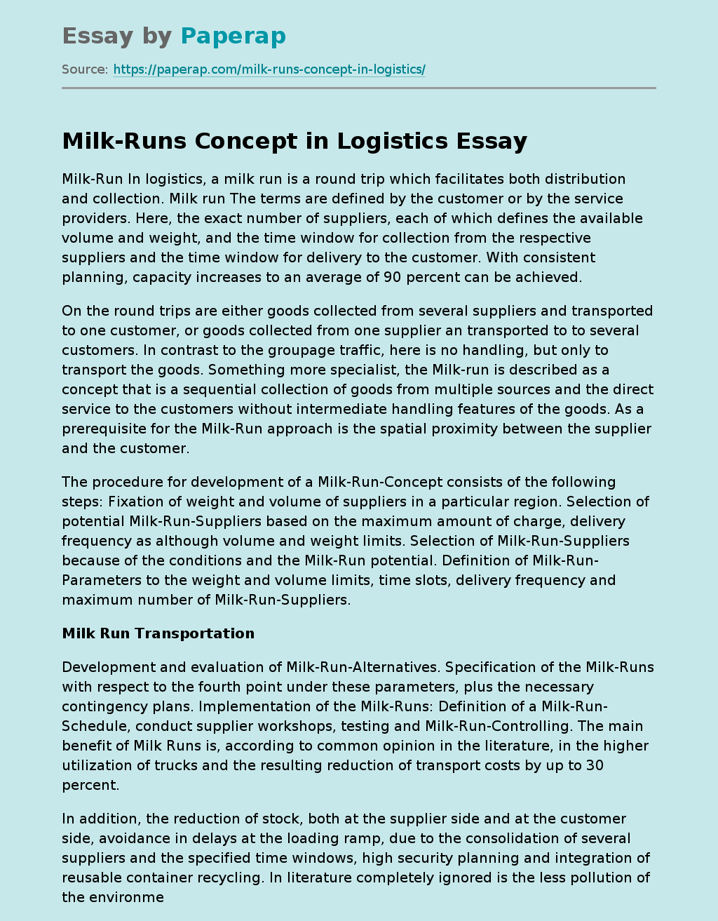 Milk-Runs Concept in Logistics