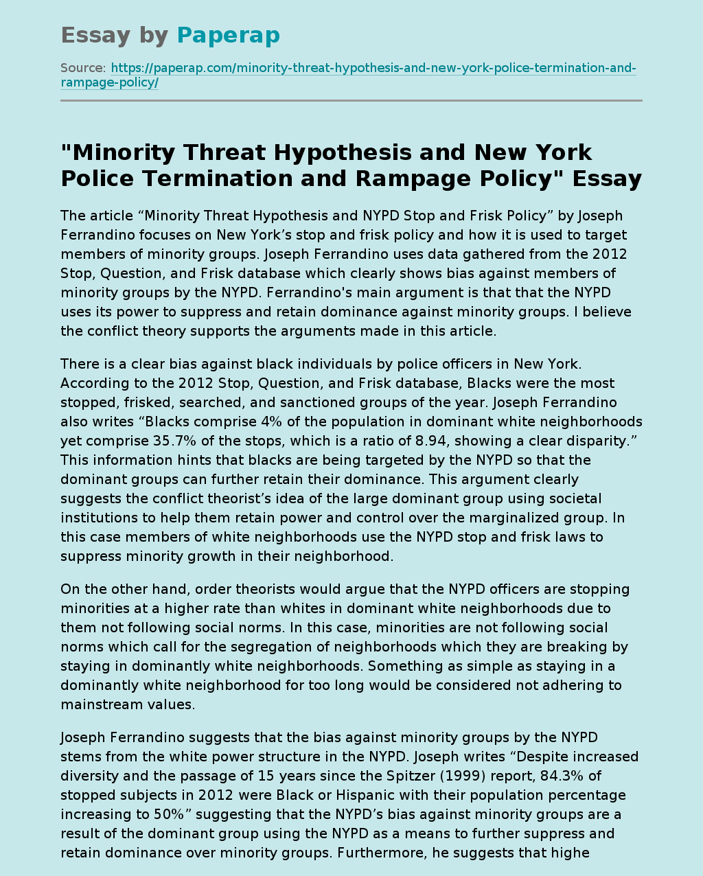 "Minority Threat Hypothesis and New York Police Termination and Rampage Policy"