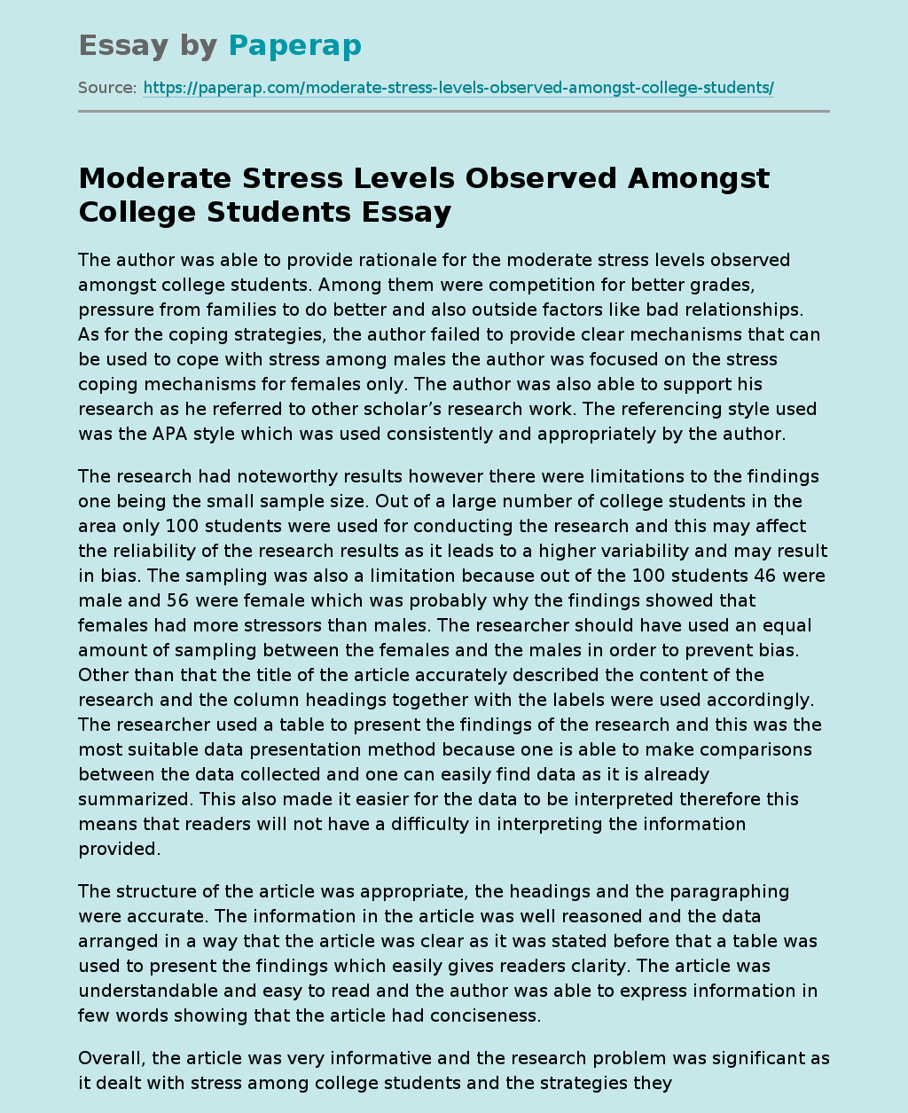 Moderate Stress Levels Observed Amongst College Students