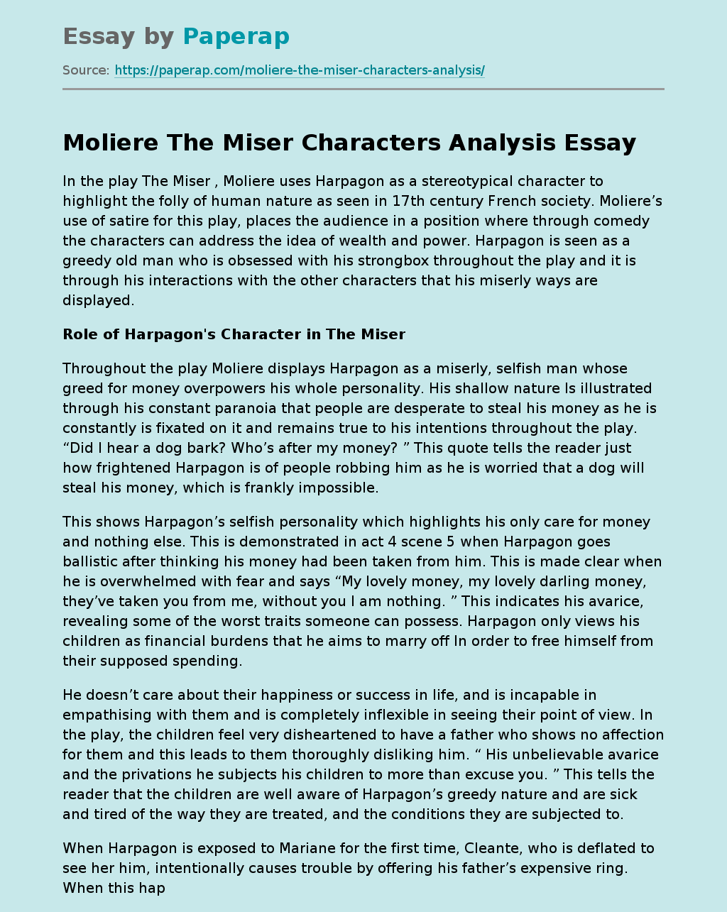 Moliere The Miser Characters Analysis