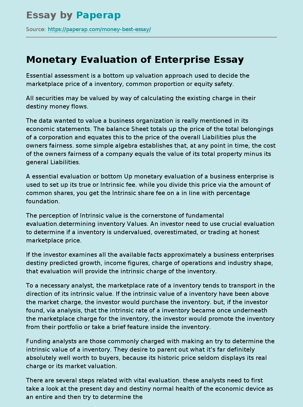 Monetary Evaluation of Enterprise