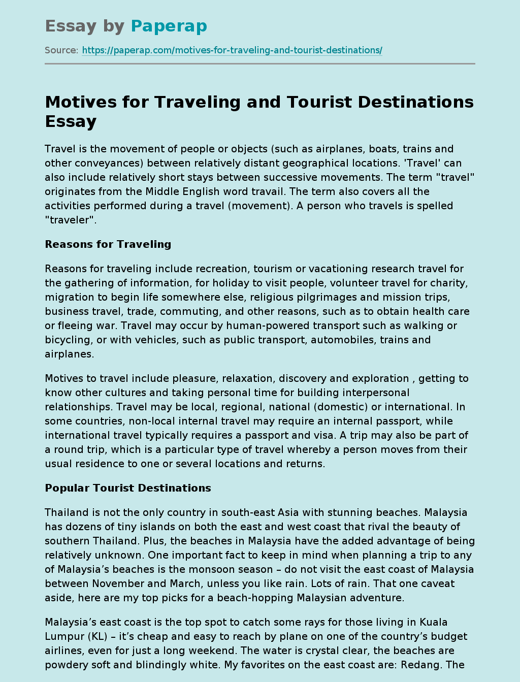 Motives for Traveling and Tourist Destinations