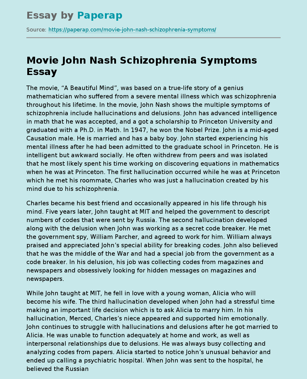 Movie John Nash Schizophrenia Symptoms